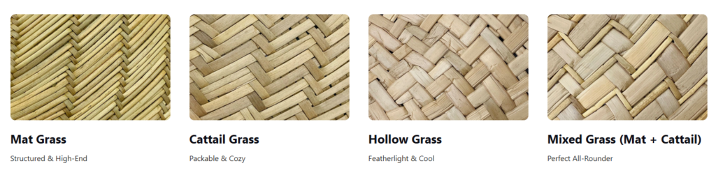 Why Hat Care Is a Procurement Issue, Not Just an End-User Issue 3 Side by side comparison of straw hat material swatches showing Mat Grass Cattail Grass and Hollow Grass textures with labels