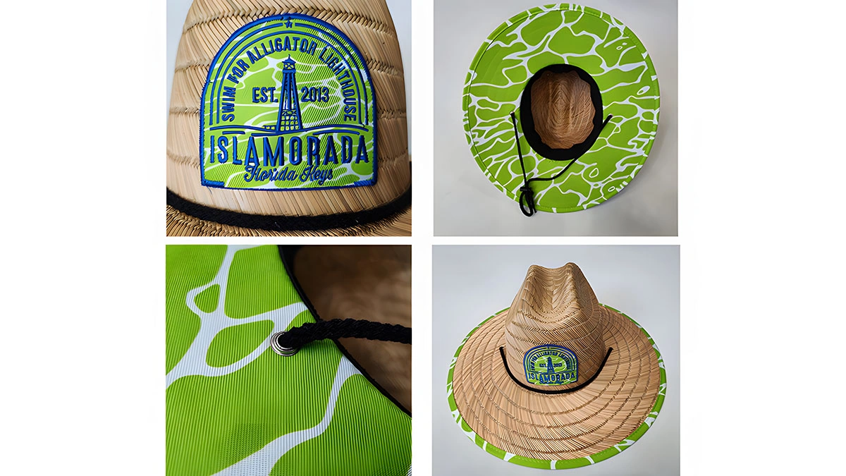Logo Embroidery & Patch 4 close up of embroidered brand logo on straw hat Straw Hat Wholesale